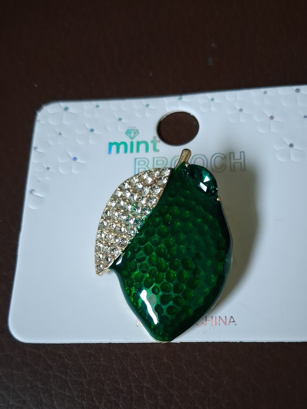 Mint Emerald Green Leaf Brooch with Crystal Accent